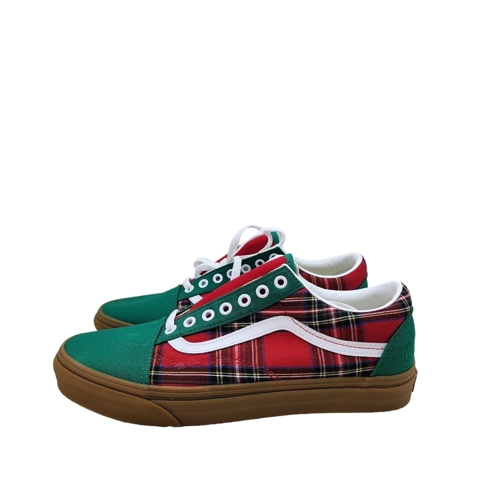 Vans Old Skool Unisex Canvas Green Sneakers Plaid Red Holidays